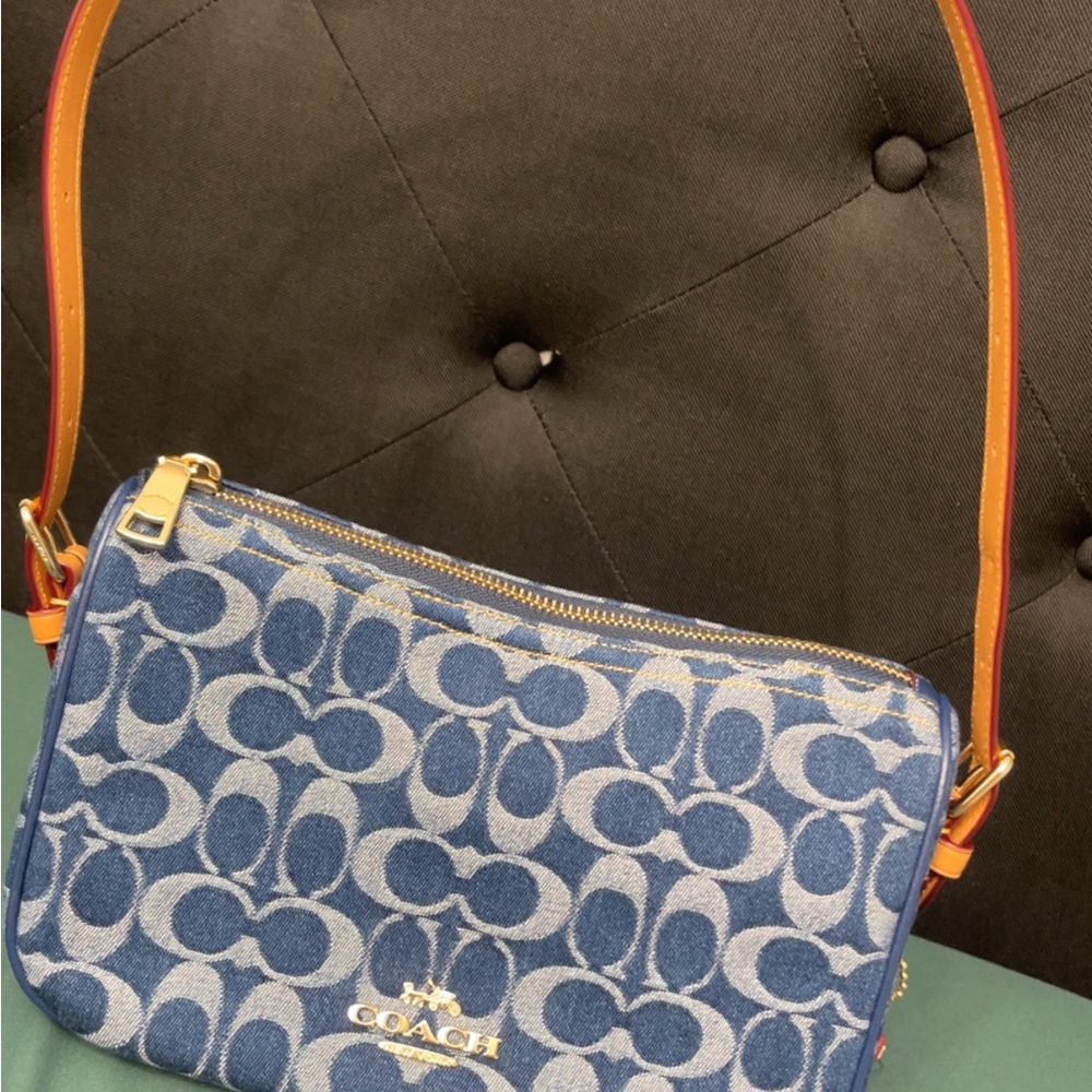 Coach Denim Blue Crossbody Bag with Tan Strap